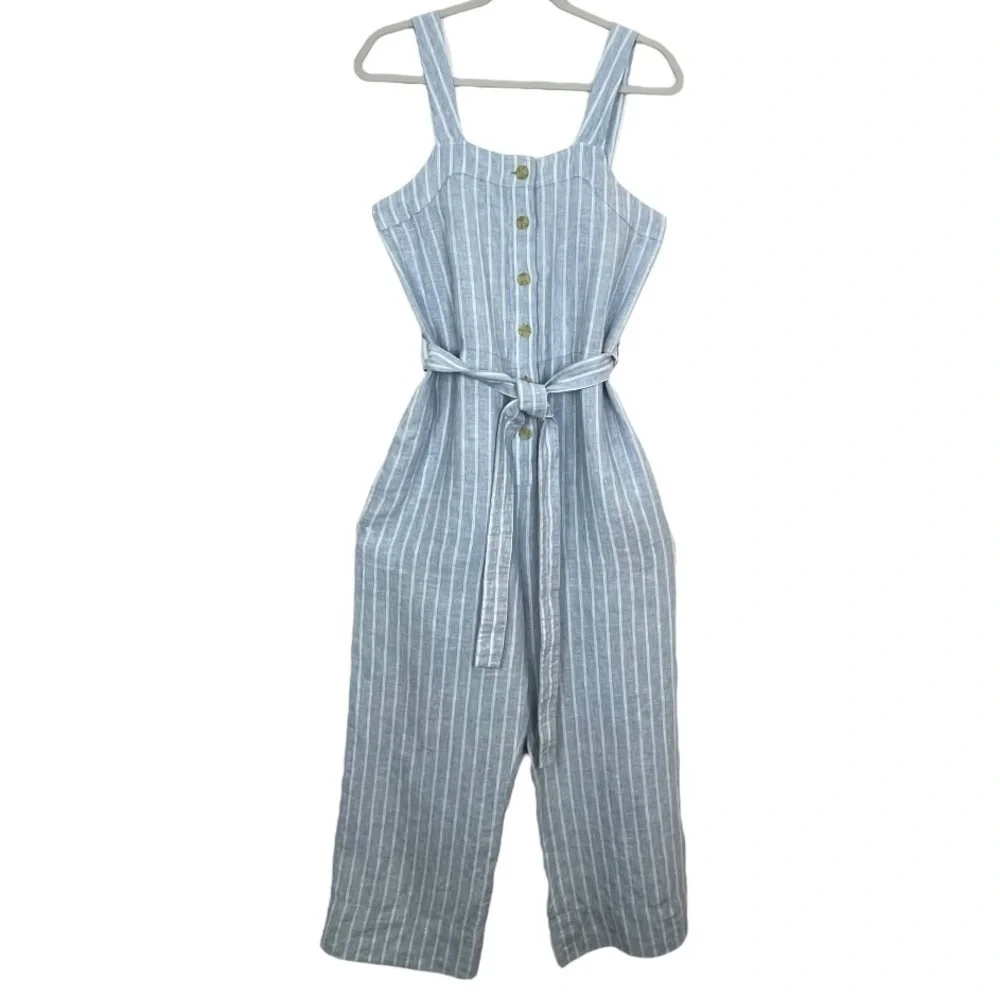 Everlane Linen Square Neck‎ Blue Pinstripe Button Down Tie Front Jumpsuit 2 NWOT